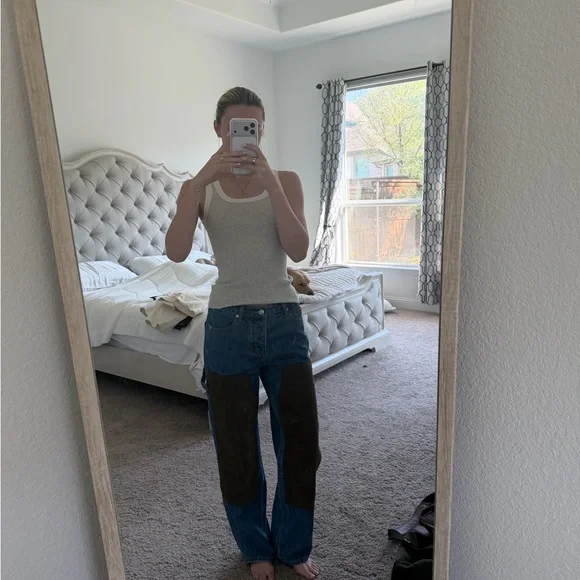 Straight Leg Two-Tone Denim Jeans with Brown Knee Panels - Picture 2 of 4